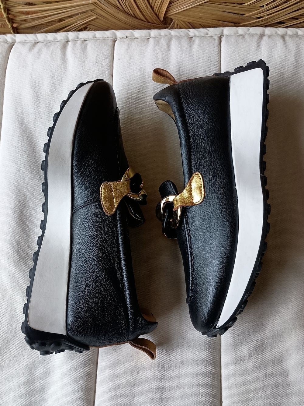 Diba True Black Leather Slip-On Sneakers with Gold Chain Accent_7.5